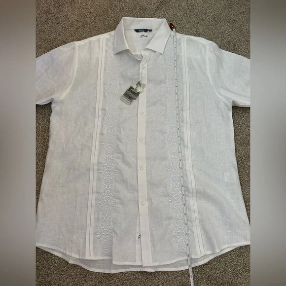 Bohio Men’s White Linen Fancy Guayabera Style Short Slv Shirt Embroidered Large - Picture 9 of 10